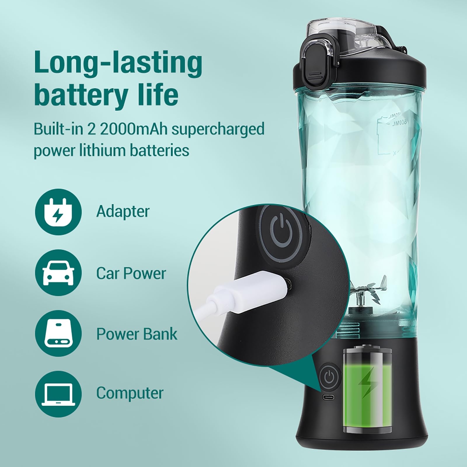 Osobisty Kubek Do Wyciskania Soku, Przenośny Mini Blender Do Smoothie O Dużej Pojemności 600 Ml I 6 Ostrzach, 2 Tryby Regulowane I Z Możliwością Ładowania, Precyzyjna Konstrukcja, Do Grillowania