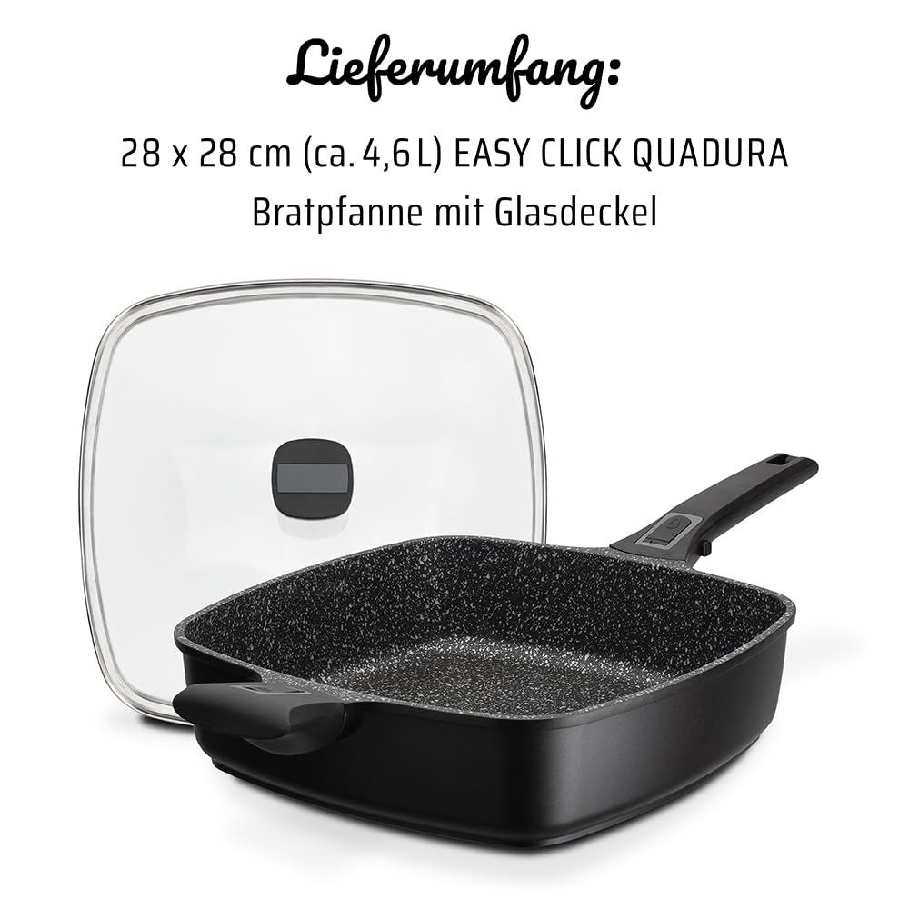 GSW 168434 Brat- und Servierpfanne EASY CLICK Quadura mit Glasdeckel und Gegengriff, Aluminium, schwarz - 28x28cm