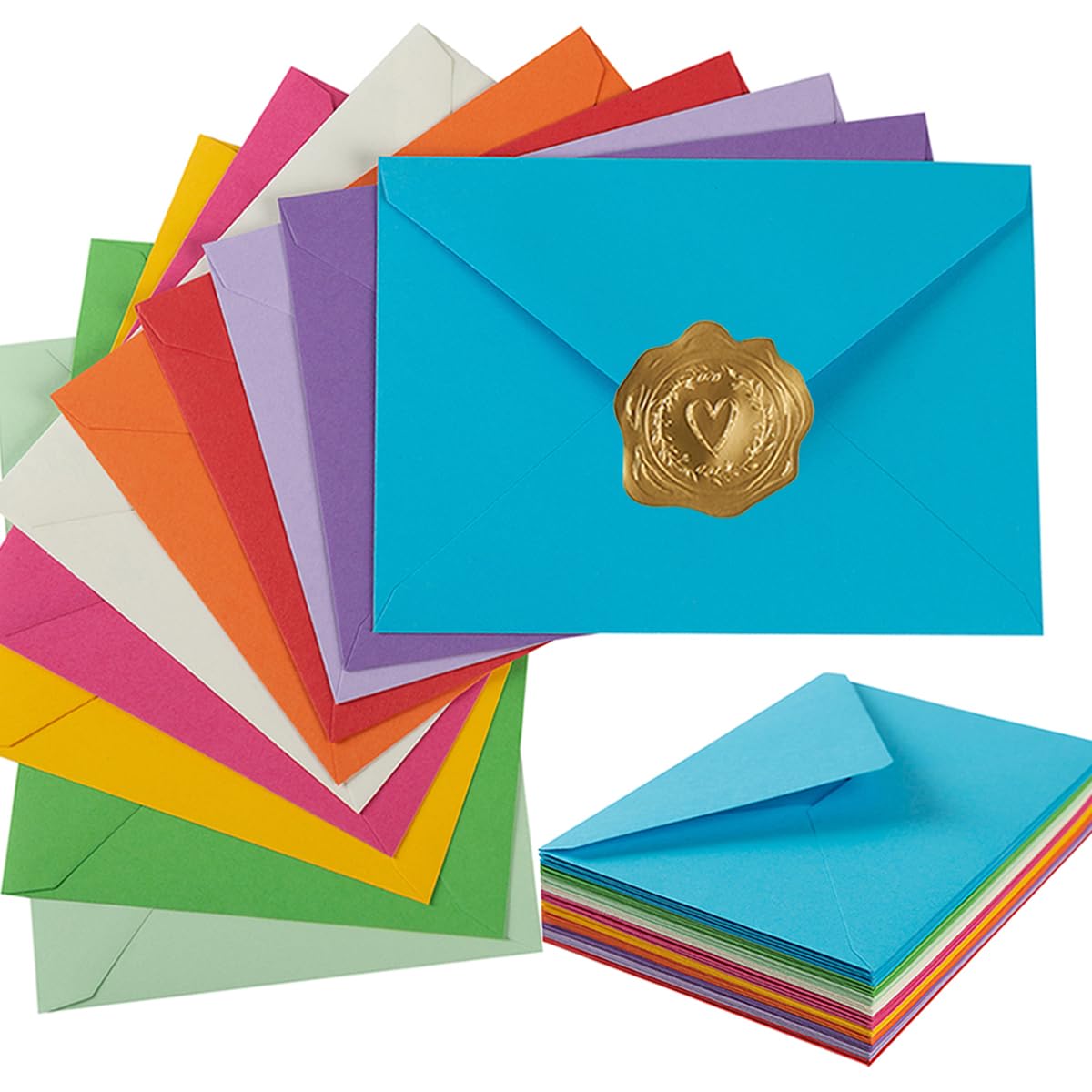 50 Pack A7 Colorful 5x7 Invitation Envelopes with Gold Stickers for 5x7 Cards, Birthday, Weddings, Graduations, Greeting Cards, Baby Shower 5.24 x 7.24 Inches (Multicolor)