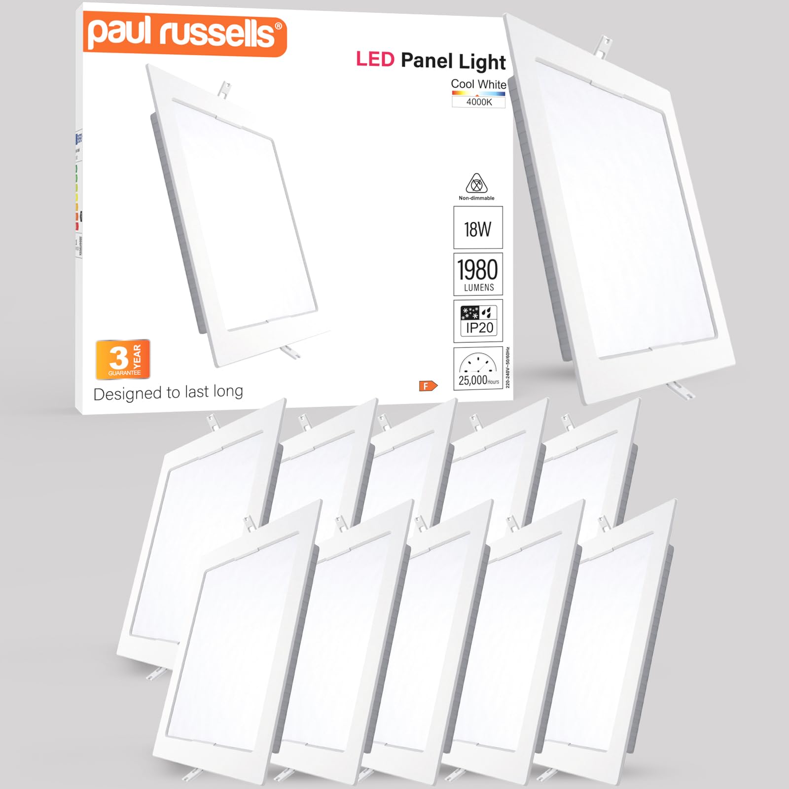 paul russells Ultra Slim LED Recessed Ceiling Spotlights - 18W Cool White (4000K) IP20, Cutout 200-205mm, Square Downlight for Kitchen, Bathroom, Living Room and More Ceiling Mounted use, 10 Packs