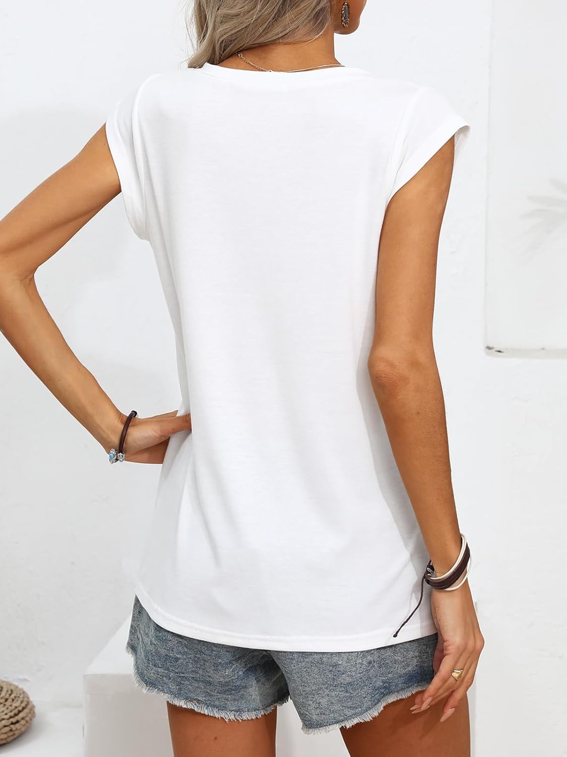 YEXIPO Womens Tops Cap Sleeve T Shirts 2025 Summer Casual Loose Fit V Neck Shirts Cute Trendy Beach Vacation Clothes - Image 3