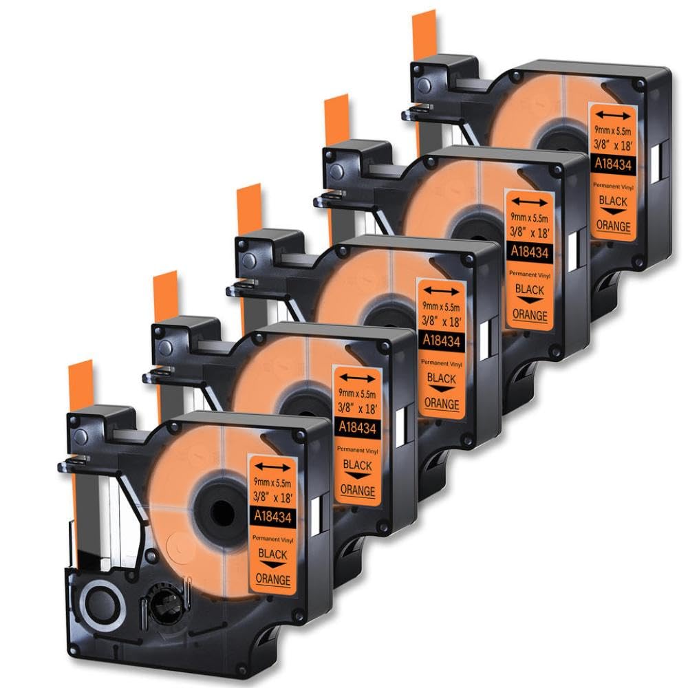 5 Pack 9mm 18434 Black on Orange Etichetta nastro compatibile con 1000 5200 Serie Serie Stampanti Sostituzione per etichette industriali