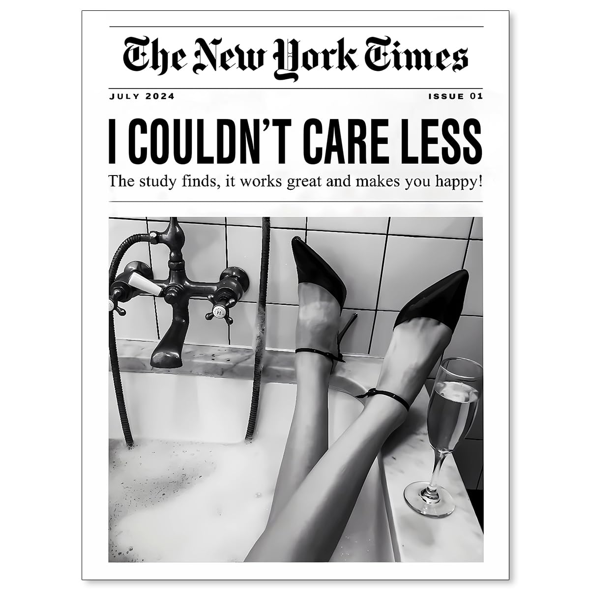ZERFVTG Black and White Girly Poster Retro NewsPaper Wall Art Vintage Bar Cart Decor Trendy New York Times Canvas Prints for Barthroom Home Bar 12x16
