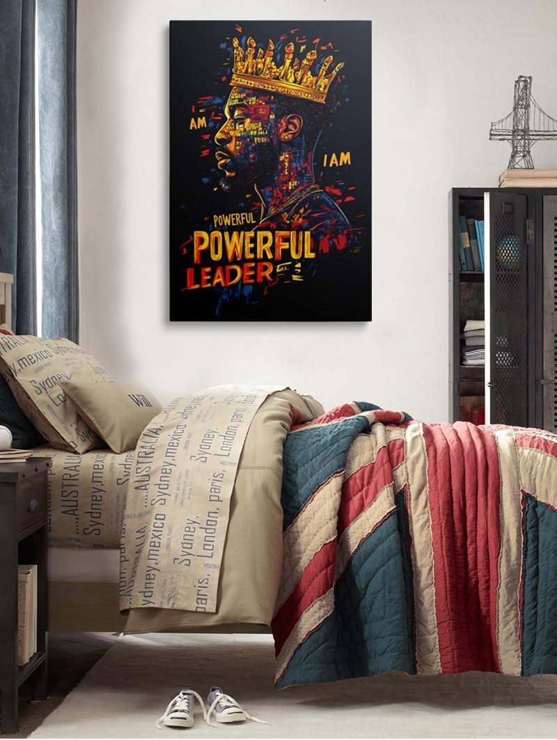 Abstract Framed Black and Gold Crown African American Men Powerful Leader Inspirational Quote Canvas Wall Art, Modern Cool Leader King Motivational People Home Decor Ready to Hang (16"x24")