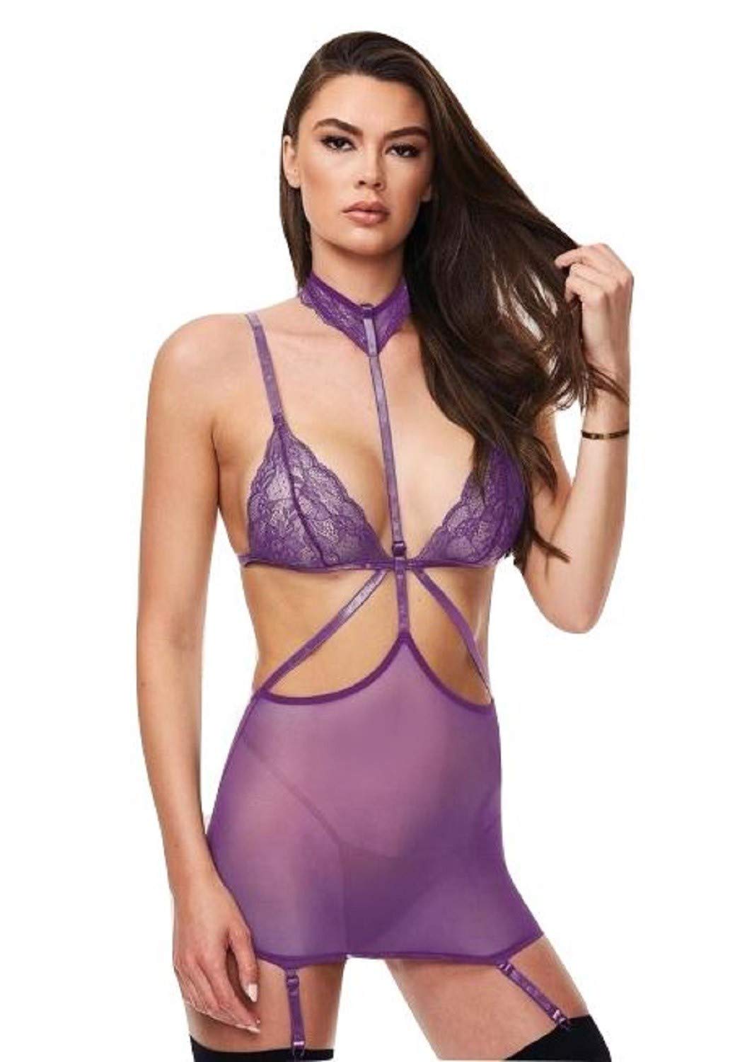 Baci 2pc Sexy Strappy Mini Dress & G-String Set Purple, Size S/M (UK Size 6-10)