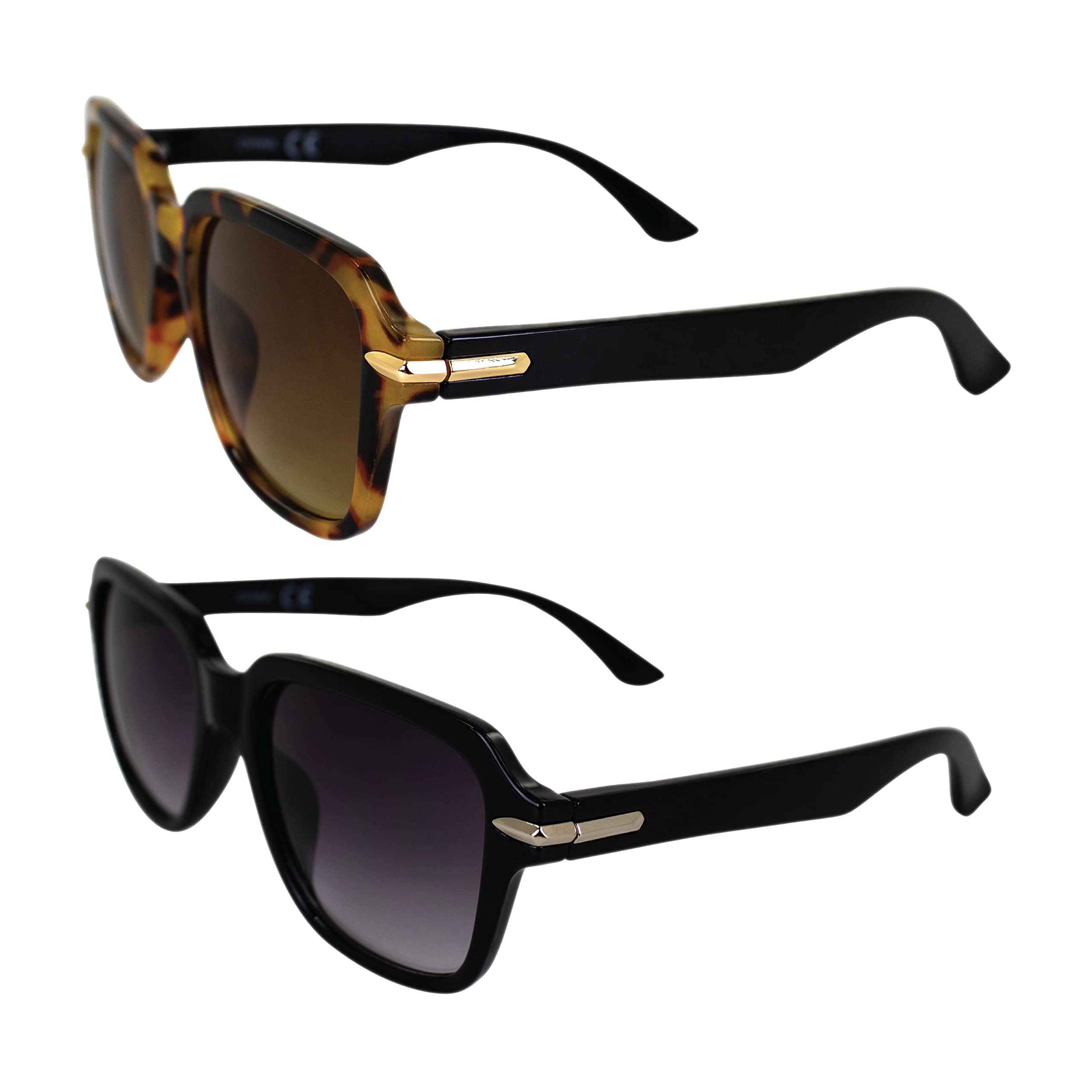 AlterImage Sunset Fashion Retro Sunglasses for Women 2 Pair Tortoise & Black Frames w/Stylish Metal Accents & Gradient Brown & Smoke Lenses
