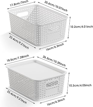 ORGIDOL Plastic Storage Basket with Lids 12 Pack Stackable Storage Bins Containers with Lid, Decorative Storage Boxes for Organizing Shelves, Drawers, Playroom, Classroom, Office, Closet, White