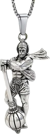 RVM Jewels Lord Hanuman Ji With Gada Locket Pendant Silver Necklace Chain for Boys and Men
