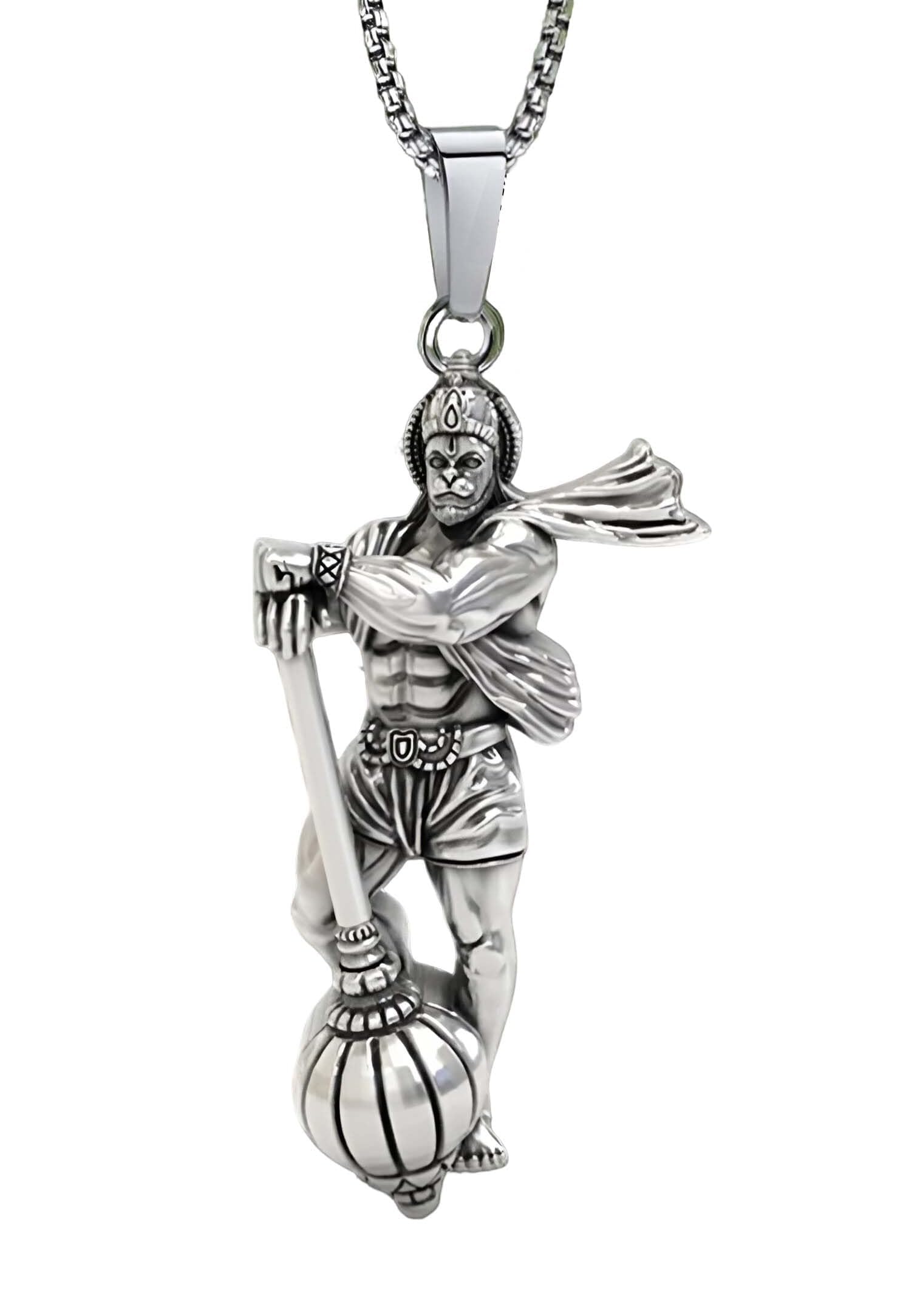 rvm jewels Lord Hanuman Ji With Gada Locket Pendant Silver Necklace Chain for Boys and Men-picture-13