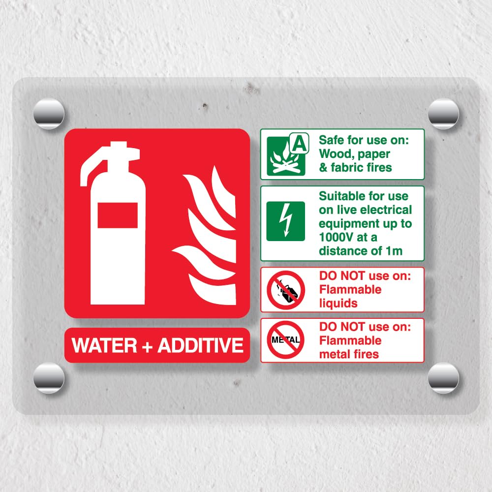 V Safety Water + Additive Fire Extinguisher - 150 x 100 mm - Acrylic Perspex Cast Clear Safety Sign