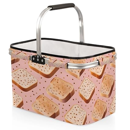 Kizmoglux Bread Polka Dots Collapsible Market Basket, Foldable Picnic Basket - Large Shopping Basket with Handles, Portable Folding Bag for Shopping Camping Picnic