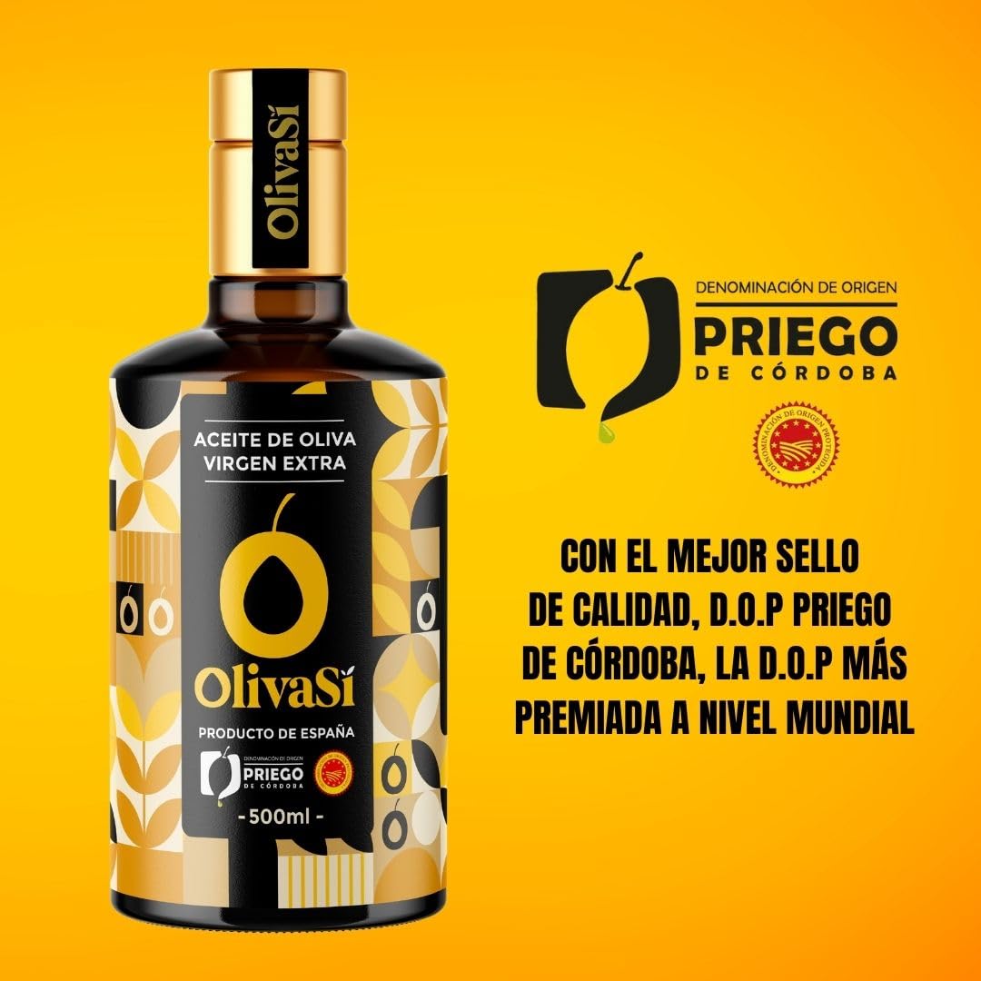OLIVA SÍ Golden Edition - Aceite de Oliva Virgen Extra 500ml con D.O.P. Priego de Córdoba - Calidad Gourmet y Sabor Exclusivo - Premiado en Concursos Internacionales y Nacionales (Caja 6x500ml)