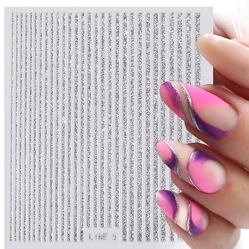 Line Nail Stickers For Nail Art - 3D Holographic Stripe Nail Art Stickers Decals 6Sheets Silver Gold Glitter Stripe French Design Nail Decals Self Adhesive Nail Art Supplies For Women Manicure Decor #TOP1