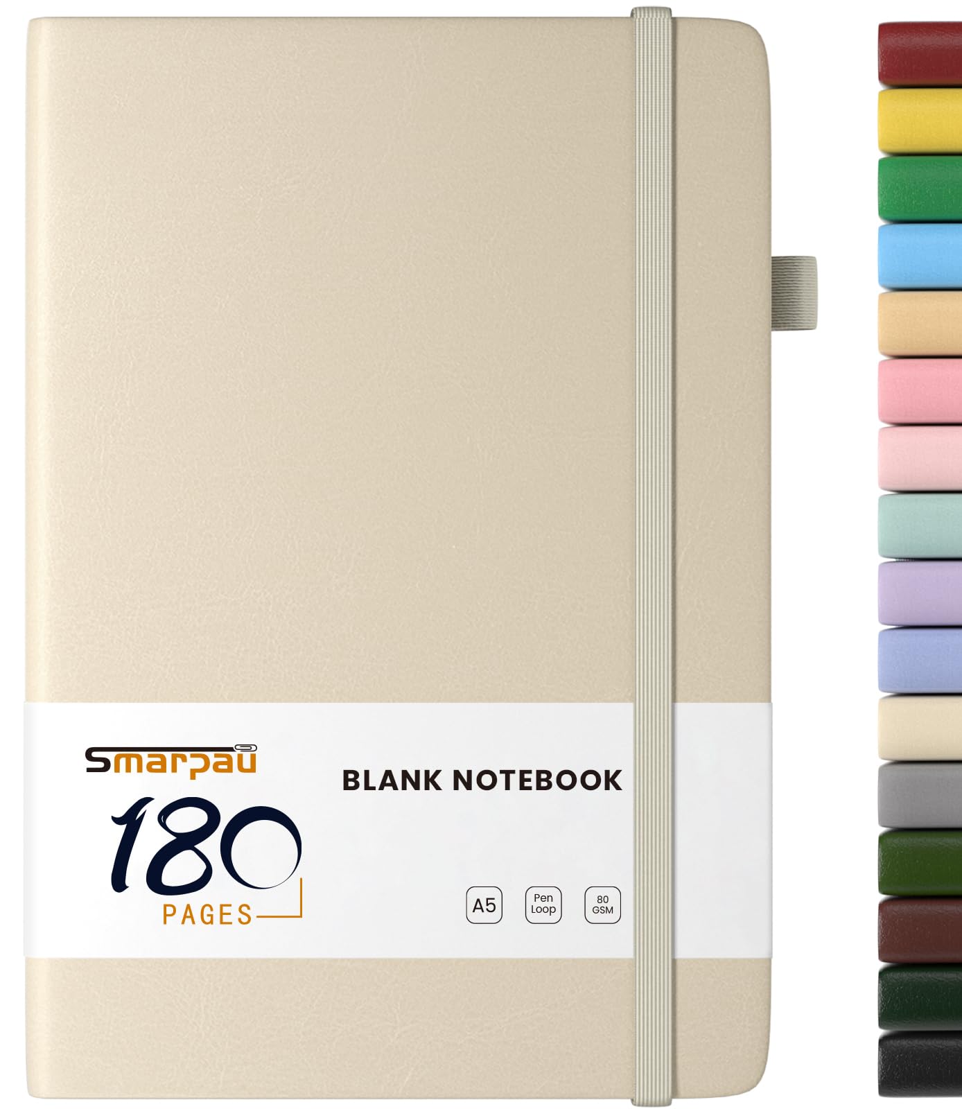 Smarpau A5 Blank Notebook, 180 Pages Hardback Plain Notebook with Blank Paper, Leather Notepad for Office School Travel Writing, Beige