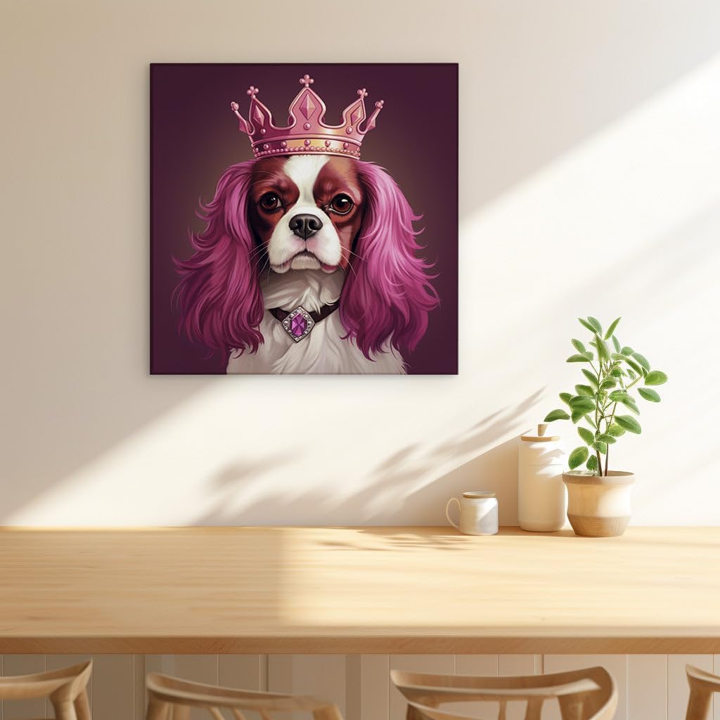 Canvas for Living room. Princess Pooch: A Regal Canine in a Whimsical Pink World, 27 x 18 inch Canvas Wall Art - Cavalier King Charles Spaniel - Zen Wall Decor