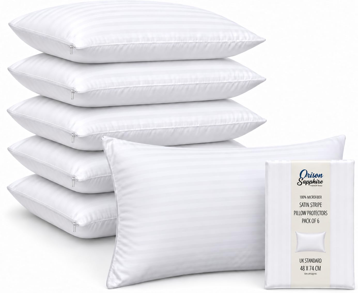 Pillow Protectors 6 Pack Microfiber Satin Stripe Anti-Allergy Zipped White
