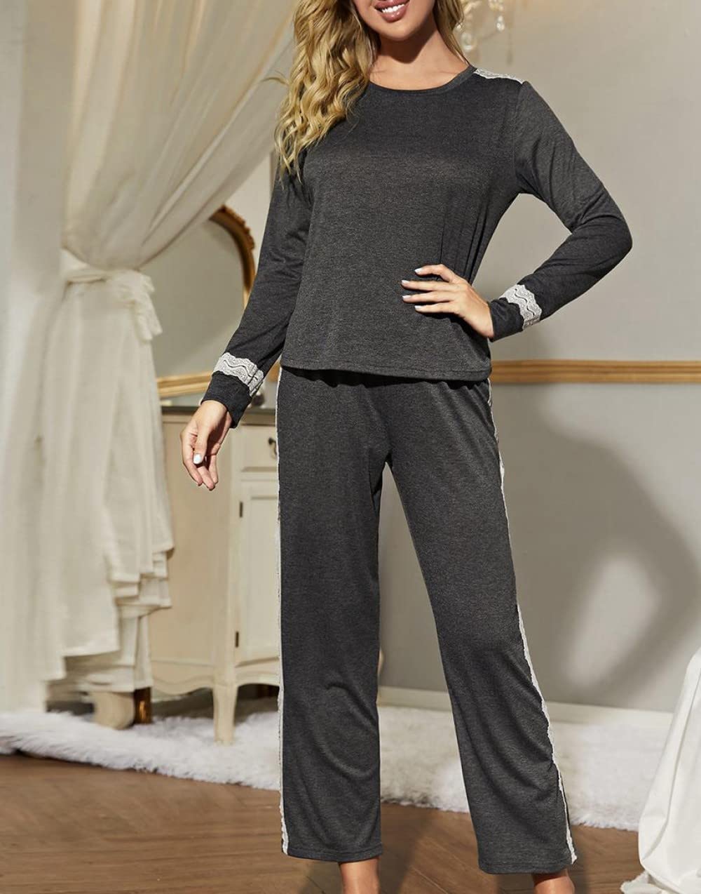 Ensembles De Pyjama Femme,Col Rond Polyester Manches Longues Ensemble De Vêtements De Nuit Femmes Deux Pièces Pyjama Doux Classique Décontracté Loungewear Cadeau pour Femme Petite Amie Maman Fê