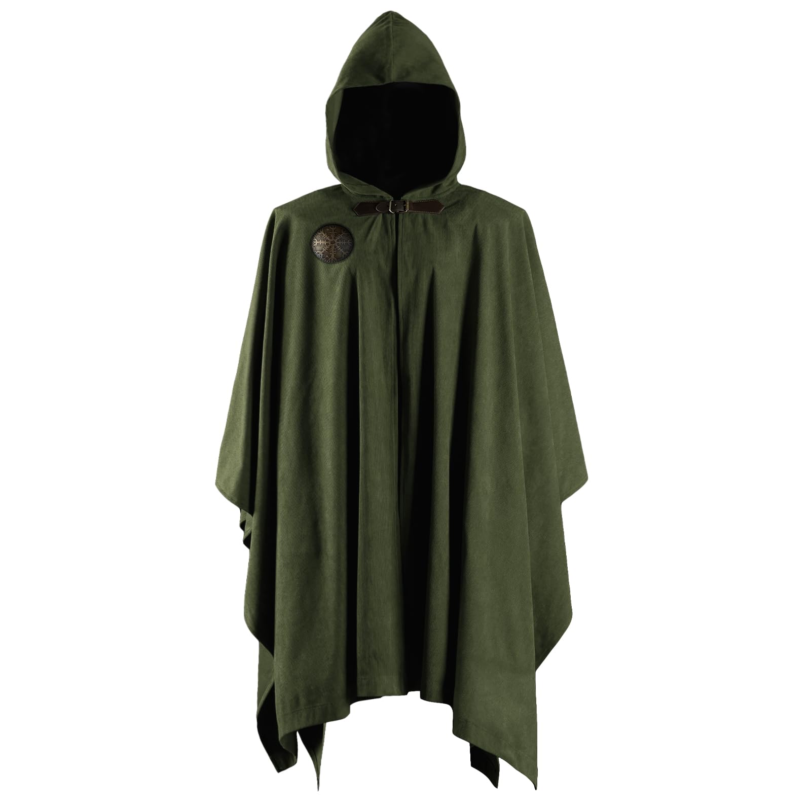 HiiFeuer Medieval Corduroy Hooded Cloak with Adjustable Brooch, Fantasy Poncho Renaissance Costume Cape Ren Faire Cosplay (Green) - Image 2