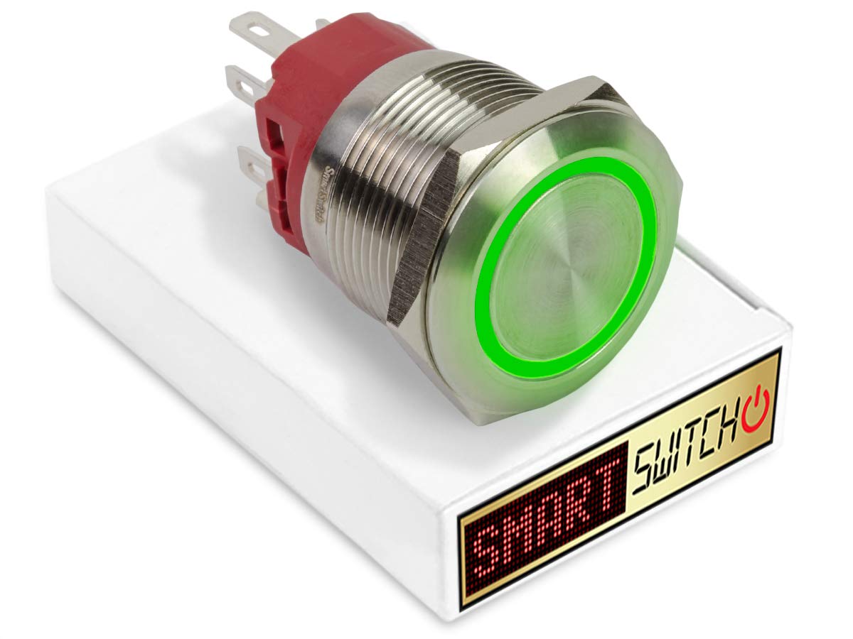 SmartSwitch 25mm Angel Eye Halo Stainless Steel Latching DPDT 2NO2NC Push Button Green LED Metal Switch AE25