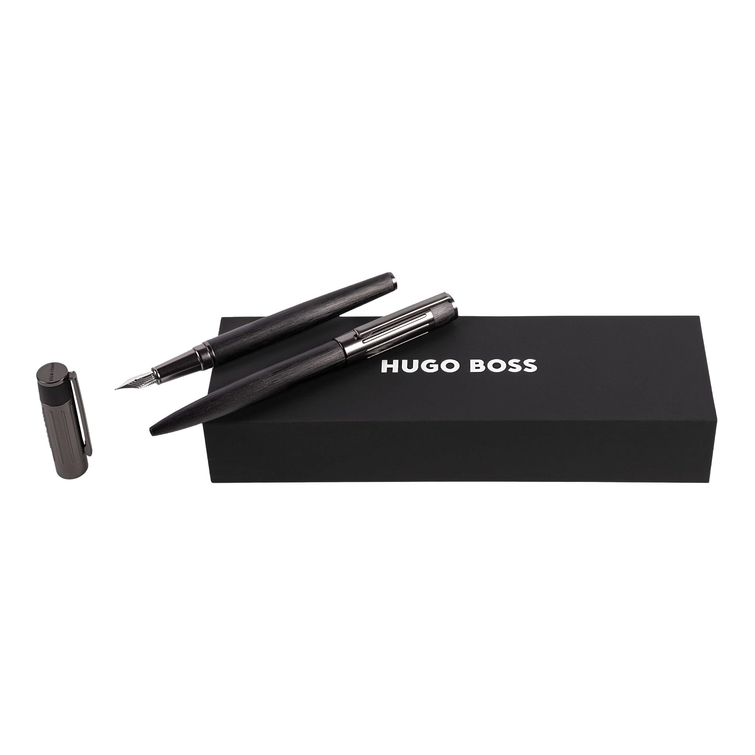 Hugo Boss Stifte-Set Gear Ribs Black Kugelschreiber & Füllfederhalter aus Messing hergestellt, Farbe: Dunkelgrün/Schwarz, Abmessungen: 200 x 62 x 34 mm, HPBP306A