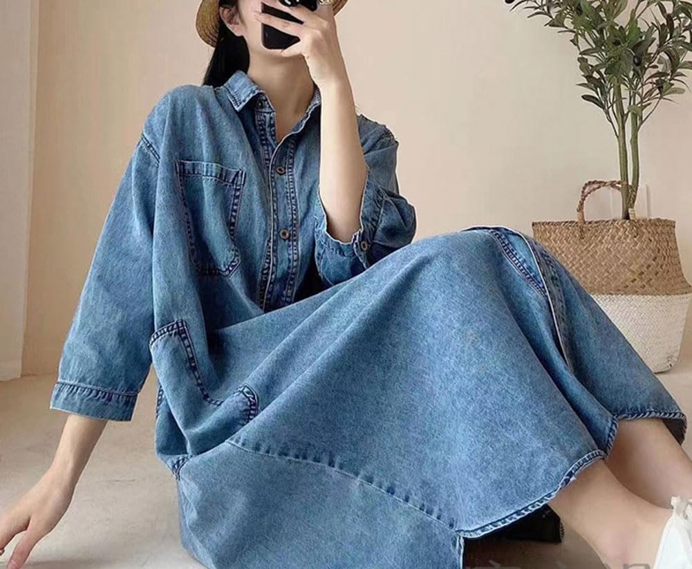 chouyatou Women's Spread Collar Button Down 3/4 Sleeve Oversized Denim Midi Long Shirt Dress with Pockets