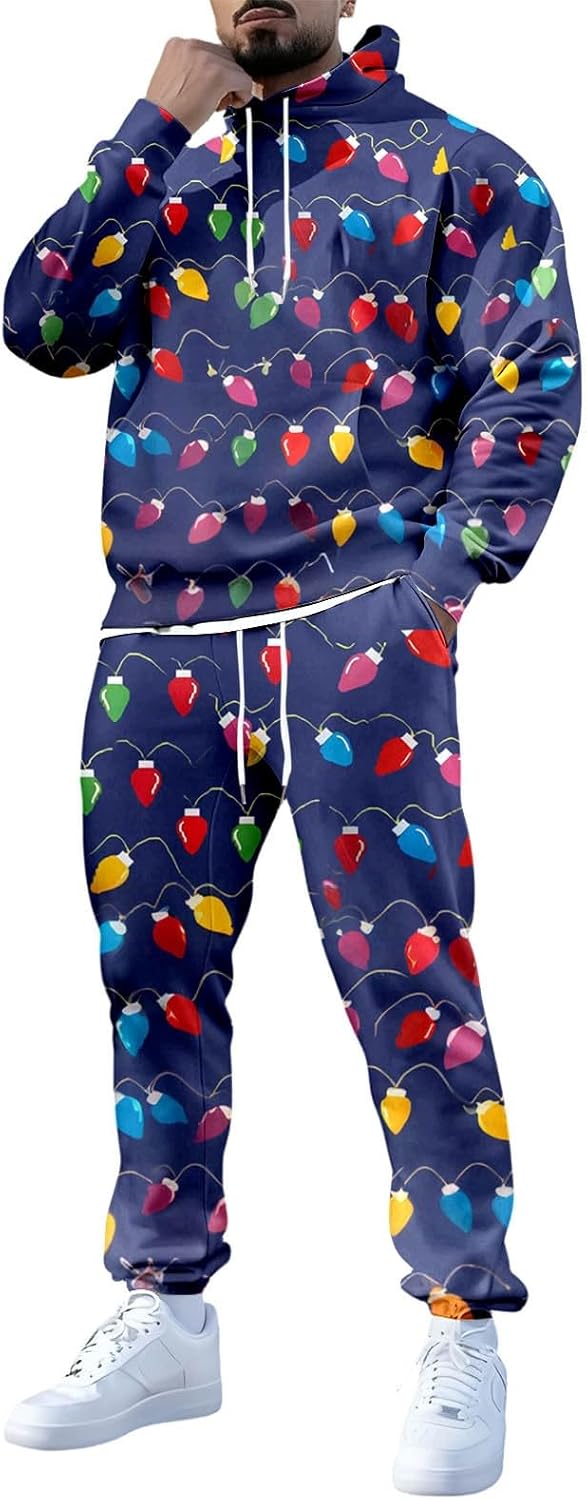 Generisch Kerstpak voor heren, joggingpak, kersttrainingspak, feestelijke grappige kersttrainingspak, 2-delige 3D-print, kerstoutfit met fleece hoodies joggingbroek, A6., XXL