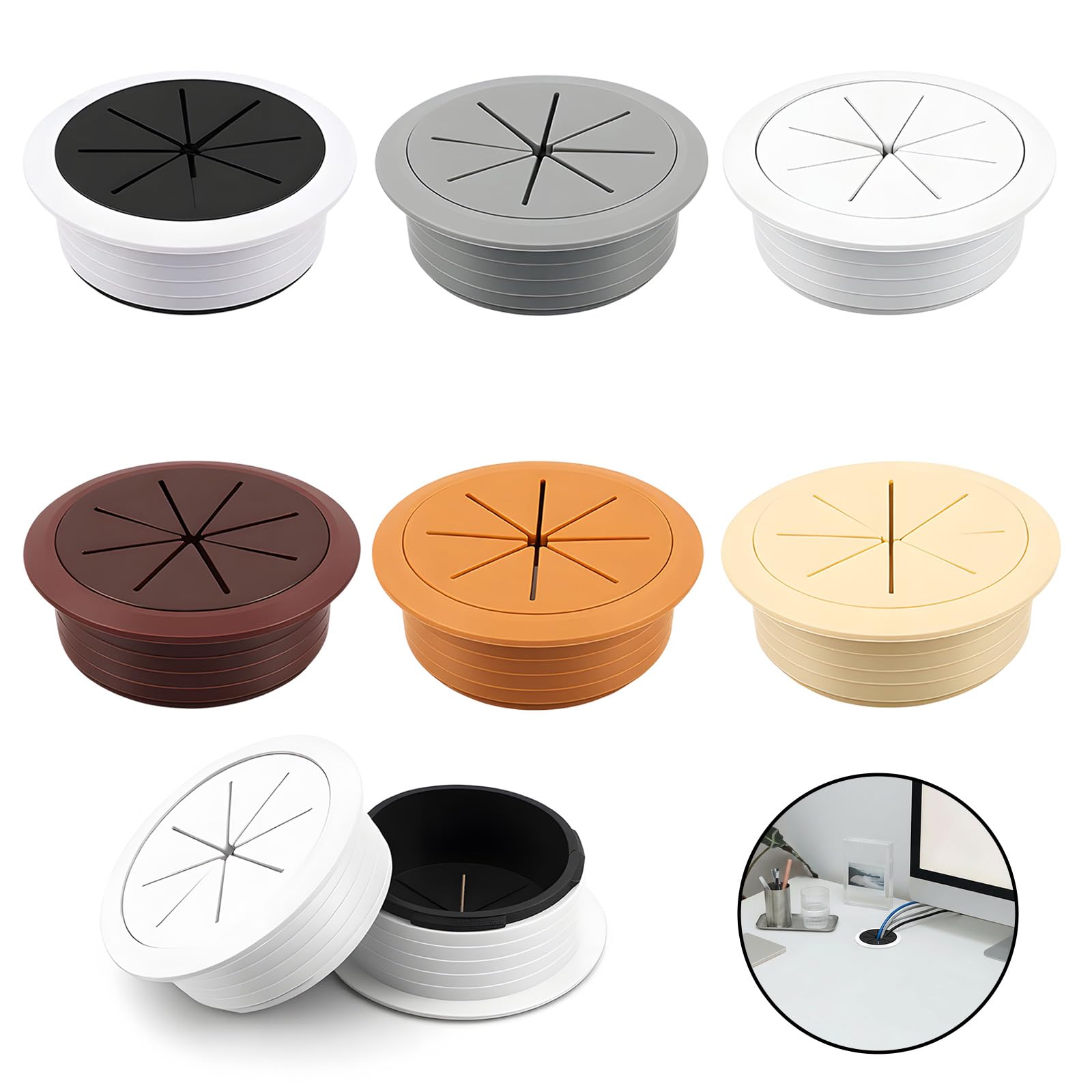 6 Pcs Worktop Cable Tidy Hole 60mm, Cable Management Holes Durable ABS, Desk Grommet for Office Home Computer Desk No Tools Required