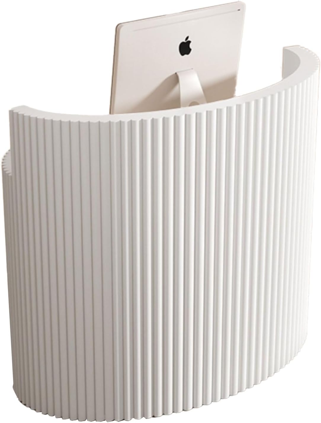 Modern Curved Reception Desk White Modern Vertical Stripe Design Open Storage Shelves with Caster Wheels Locking Drawer for Office-A
