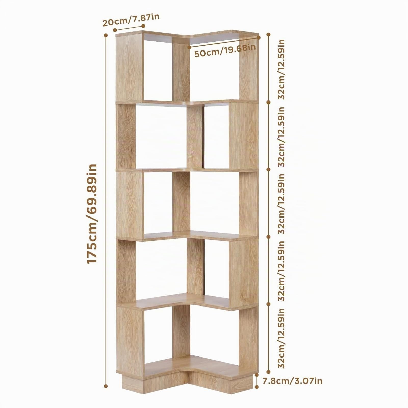 Nisorpa Bibliothèque d'angle à 5 niveaux sur pied, étagère d'angle haute en bois, vitrine pour salon, chambre à coucher, bureau