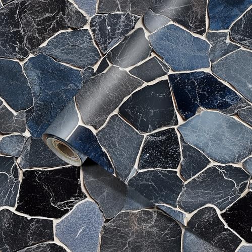 HOMETITUTE Dark Gray Mosaic Wallpaper 15.7x39.4 Peel and Stick Wall Paper Navy Blue Brick Stone Contact Paper Tile Wall Sticker Self Adhesive Removable Vinyl Wallpaper for Kitchen Cabinet Decor