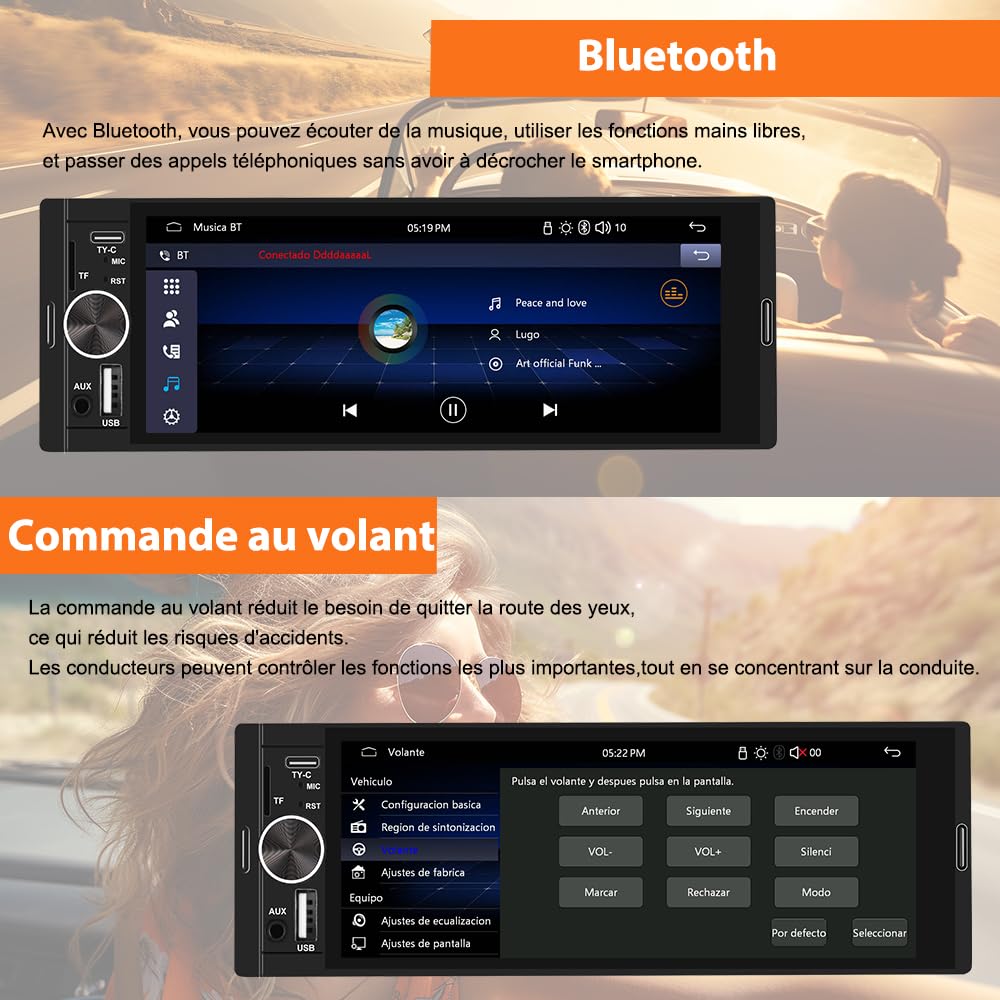 Autoradio 1 DIN CarPlay et Android Auto avec 6.36‘’ Écran Tactile HD/Bluetooth 5.0/Caméra de Recul Inclus/FM USB Type C/GPS/Airplay/Mirrorlink/Siri Commande Vocale