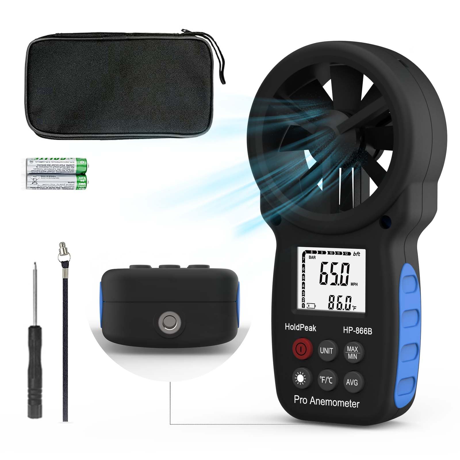 HOLDPEAK Handheld Anemometer, HP-866B Digital Wind Speed Meter for Measuring Wind Speed, Temperature HVAC and Wind Chill with Backlight and Max/Min, CFM Wind Speed Gauge Outdoor for Climbing/Surfing