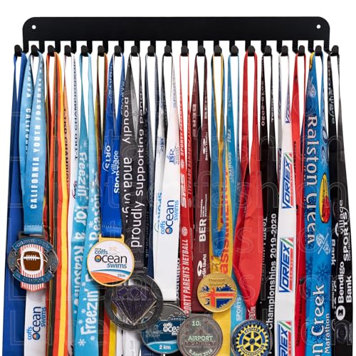 Lapetale Fashion Suporte para exibição de medalhas, babador de corrida com 20 ganchos simples, suporte de exibição de medalhas de corrida, cabide para medalhas