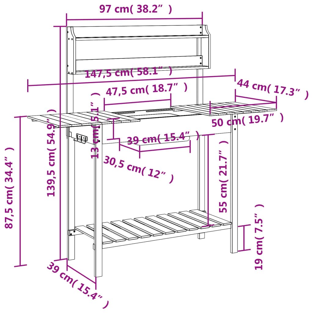 vidaXL Mesa para macetas con Fregadero Abeto Gris 147,5x44x139,5 cm, Mesa de plantación, Banco para macetas, Banco para macetas al Aire Libre