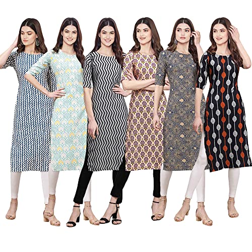 Image of Pinkmint Women's Crepe Digital Print Straight Kurta [Pack of 6] (CKE-329-353-330-333-341-343)