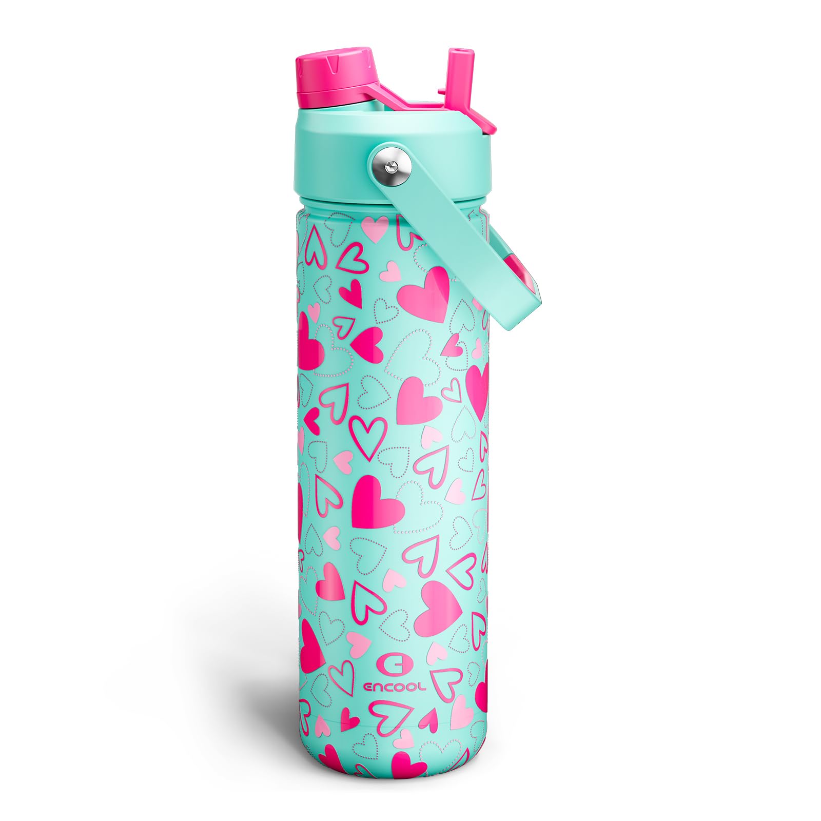 ENCOOL Insulated Water Bottle with Straw Stainless Steel Water Bottle, Leak-Proof, BPA-Free, Keeps Cold for 24 Hours for Sports, Travel, School (26 oz, Sweet Hearts Pink x Mint)