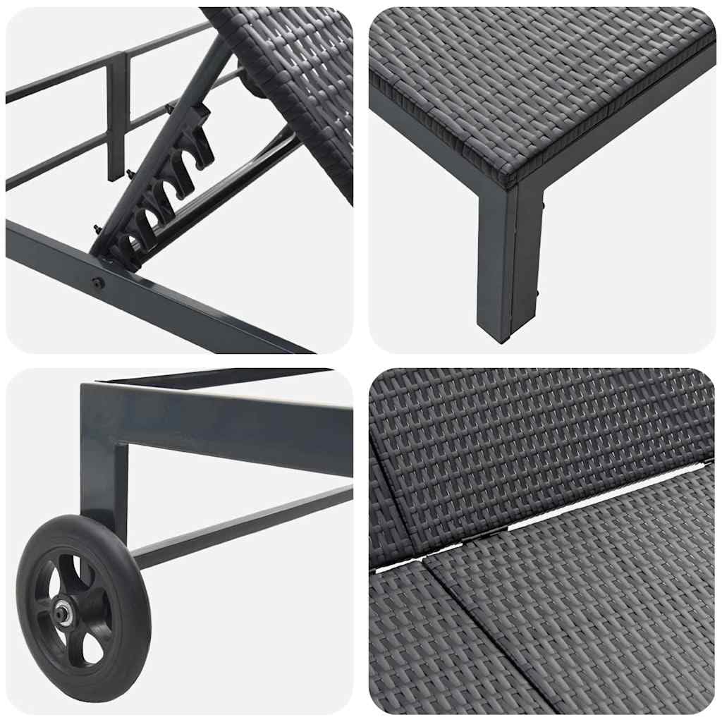 Lettino prendisole nero in polyrattan con schienale regolabile, 206 x 115 x 75 cm, lettino da giardino resistente alle intemperie, per terrazza e balcone, comodo lettino relax con telaio in