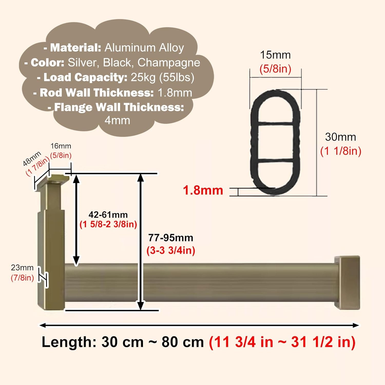 Adjustable L Shape Closet Rod, Heavy Duty Aluminum Clothing Hanger, Space Saving Wardrobe Bar, 26in (66cm), Ideal for Short Closets, Champagne Finish