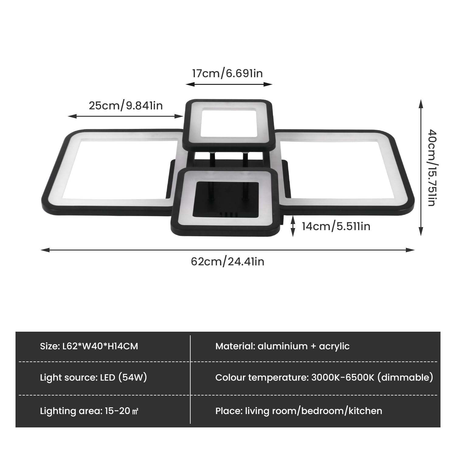 Comely Plafonnier LED Moderne, 54W Luminaire Plafonnier Dimmable | Lampe de Plafond avec Télécommande 3000K-6500K , Design Rectangulaire Créatif pour Salon, Chambre, Cuisine (Noir)