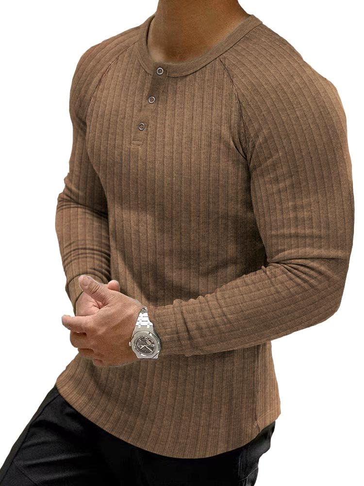 Muscle Cmdr Men's Ribbed Henley Shirt Slim Fit Muscle Shirt Fitted Cotton Short&Long Sleeve Casual T-Shirt XX-Large Brown-long