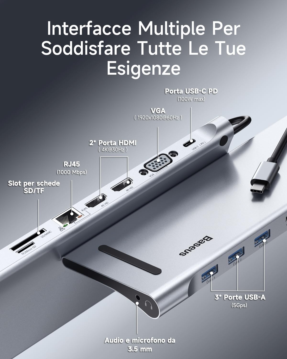 Baseus Docking Station 11 in 1 USB C, Hub USB C con triplo display con 2x HDMI 4K, 3x USB 3.0, Alimentatore di tipo C, VGA, Lettore di schede SD/TF, Ethernet, Audio da 3,5 mm, per MacBook Pro/Air