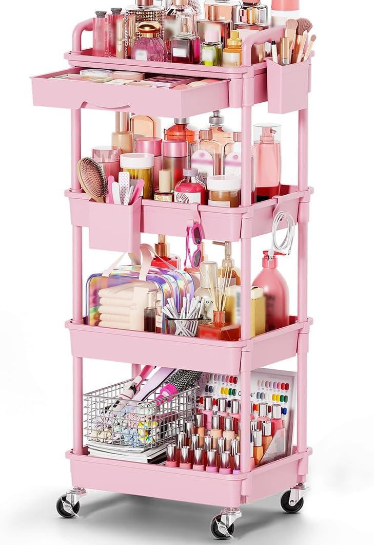 Goovilla Rolling Makeup Organizer Cart with Removable Drawer, 4 Tier Pink
