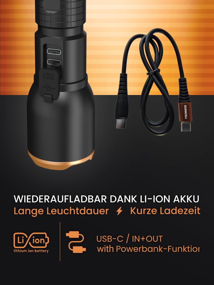 Duracell Linterna LED DF1500R Pro – 1500 lúmenes, enfocable, alcance de 145 m, recargable por USB-C, batería de ion de litio 21700, varios modos de luz, a prueba de salpicaduras, incluye caja de