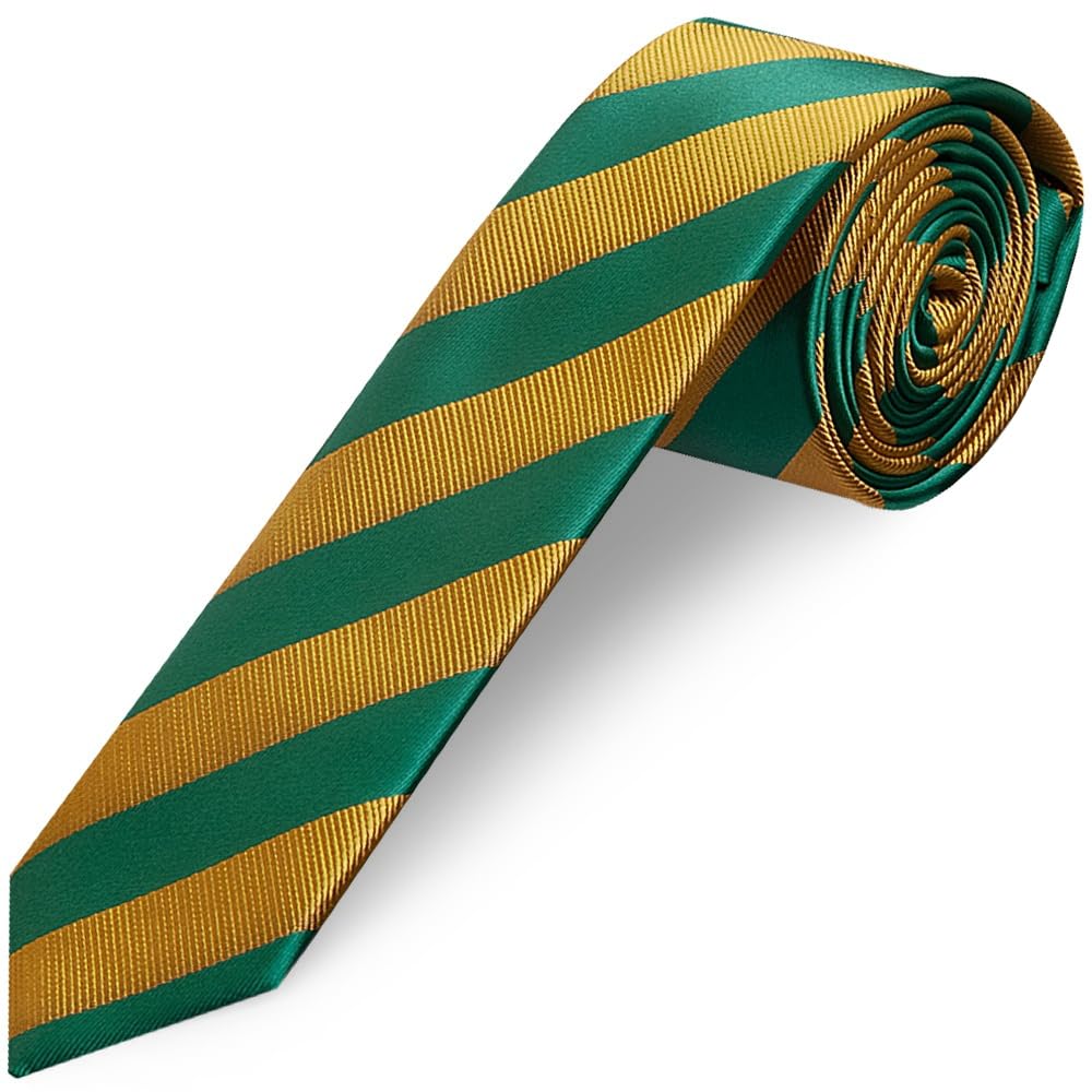 TIES R US Green and Gold Striped Skinny Men's Tie Slim Tie Thin Tie Wedding Tie