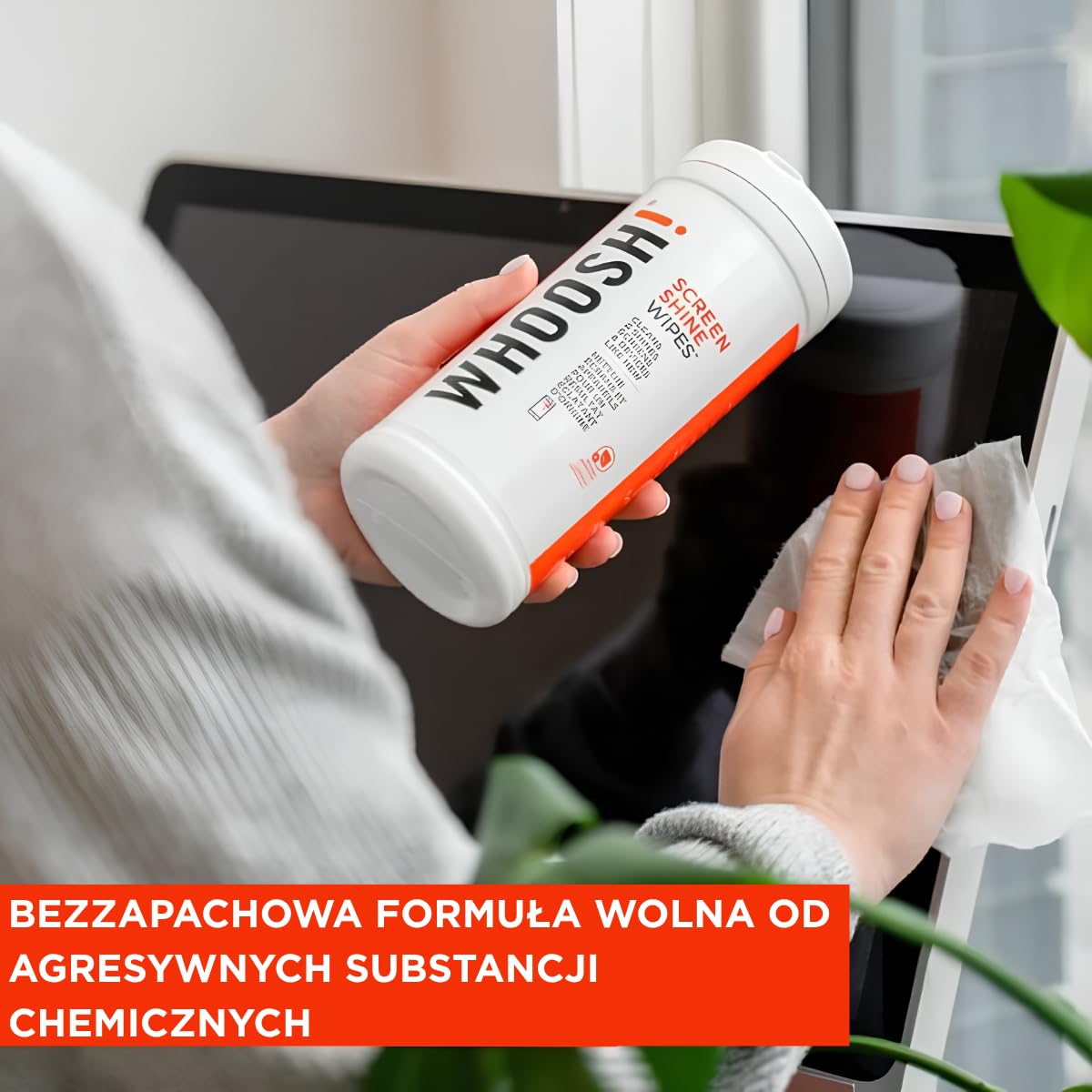 WHOOSH! Chusteczki do Czyszczenia Ekranu 70 szt., Bez Alkoholu, Bez Smug, TV OLED, Laptop, Smartfon, Okulary, Ściereczka Microsuede Gratis