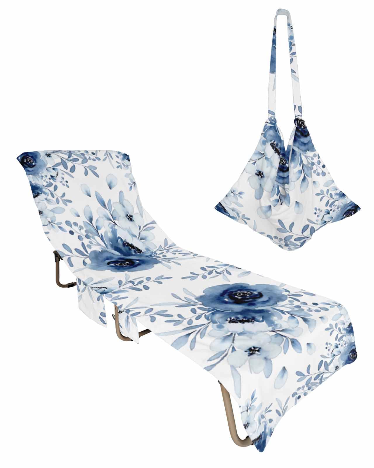 Blue Spring Floral Beach Lounge Chair Towel Cover, Soft Chaise Lounge Towel with Side Pockets Patio Pool Chairs Cover for Beach/Pool Sunbathing 29x85 Summer Flowers Watercolor Botanical