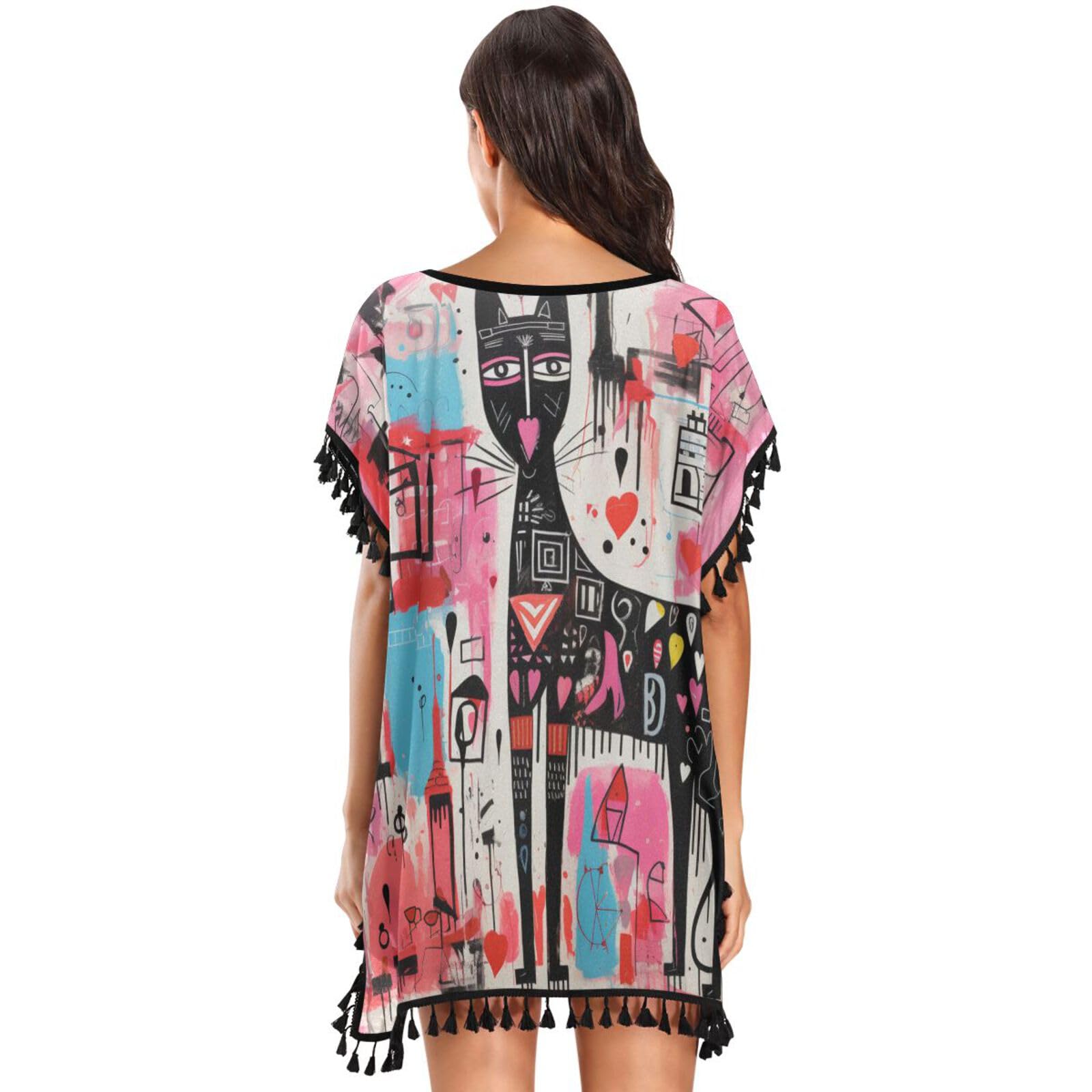 Majestic Horse Abstract Art Heart Women's Beach Cover Up Chiffon Tassel Swimwear Swimsuit Coverups for Girl