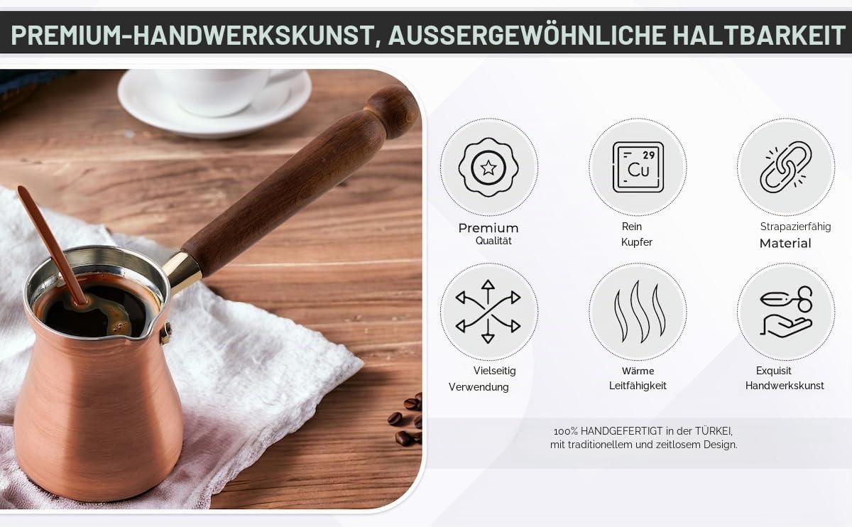 DEMMEX Türkische Kaffeekanne Cezve Ibrik Griechischer Kaffee Briki Herd Kaffeemaschine mit Holzgriff und Löffel, 1 mm dickes Kupfer, handgefertigt in der Türkei, 6 Portionen