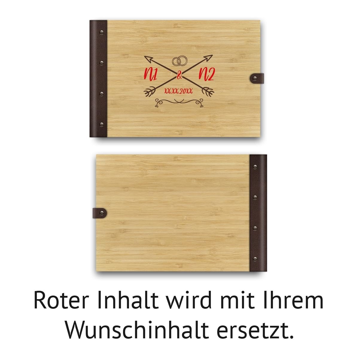 Personalisiertes Hochzeit Gästebuch echtes Holz DIN A4 Hochzeitsbuch mit Lasergravur - Liebespfeil - mit 72 Blatt / 144 Seiten Naturpapier Weiß