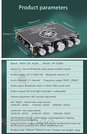 TPA3251D2 2.1CH 220Wx2 + 350W DC12-38V Bluetooth 5.1 Power Supply Audio Amplifier Board Module